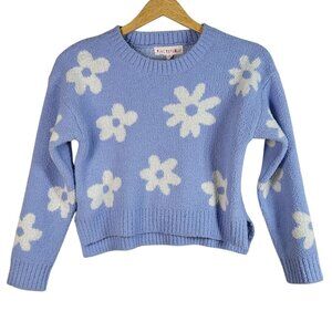 Pink Republic Crop Sweater Blue SZ 14 Large Long Sleeve Pullover Daisy Flowers